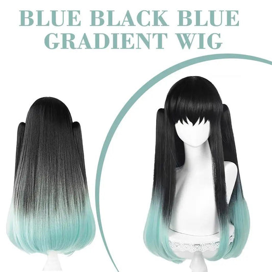 Muichiro Tokito Cosplay Wig Black-to-Cyan Gradient, Heat-Resistant Synthetic Anime Wig