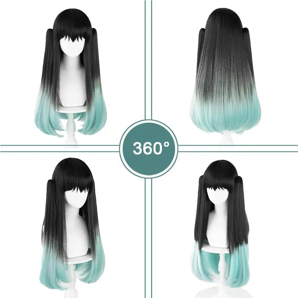 Muichiro Tokito Cosplay Wig Black-to-Cyan Gradient, Heat-Resistant Synthetic Anime Wig
