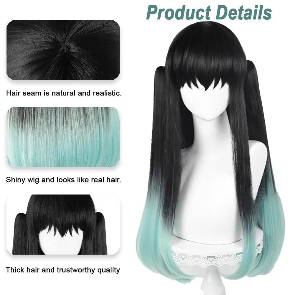 Muichiro Tokito Cosplay Wig Black-to-Cyan Gradient, Heat-Resistant Synthetic Anime Wig