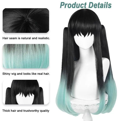 Muichiro Tokito Cosplay Wig Black-to-Cyan Gradient, Heat-Resistant Synthetic Anime Wig