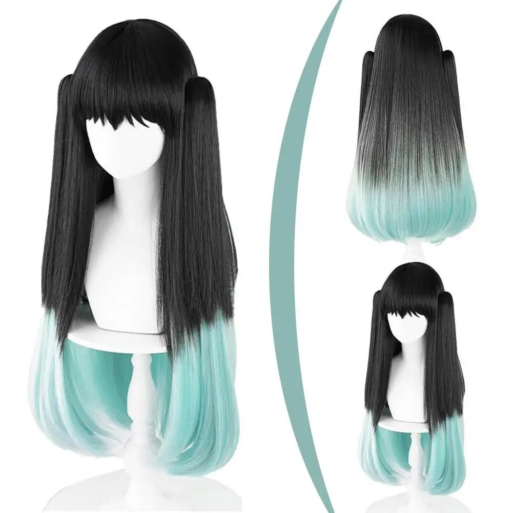 Muichiro Tokito Cosplay Wig Black-to-Cyan Gradient, Heat-Resistant Synthetic Anime Wig