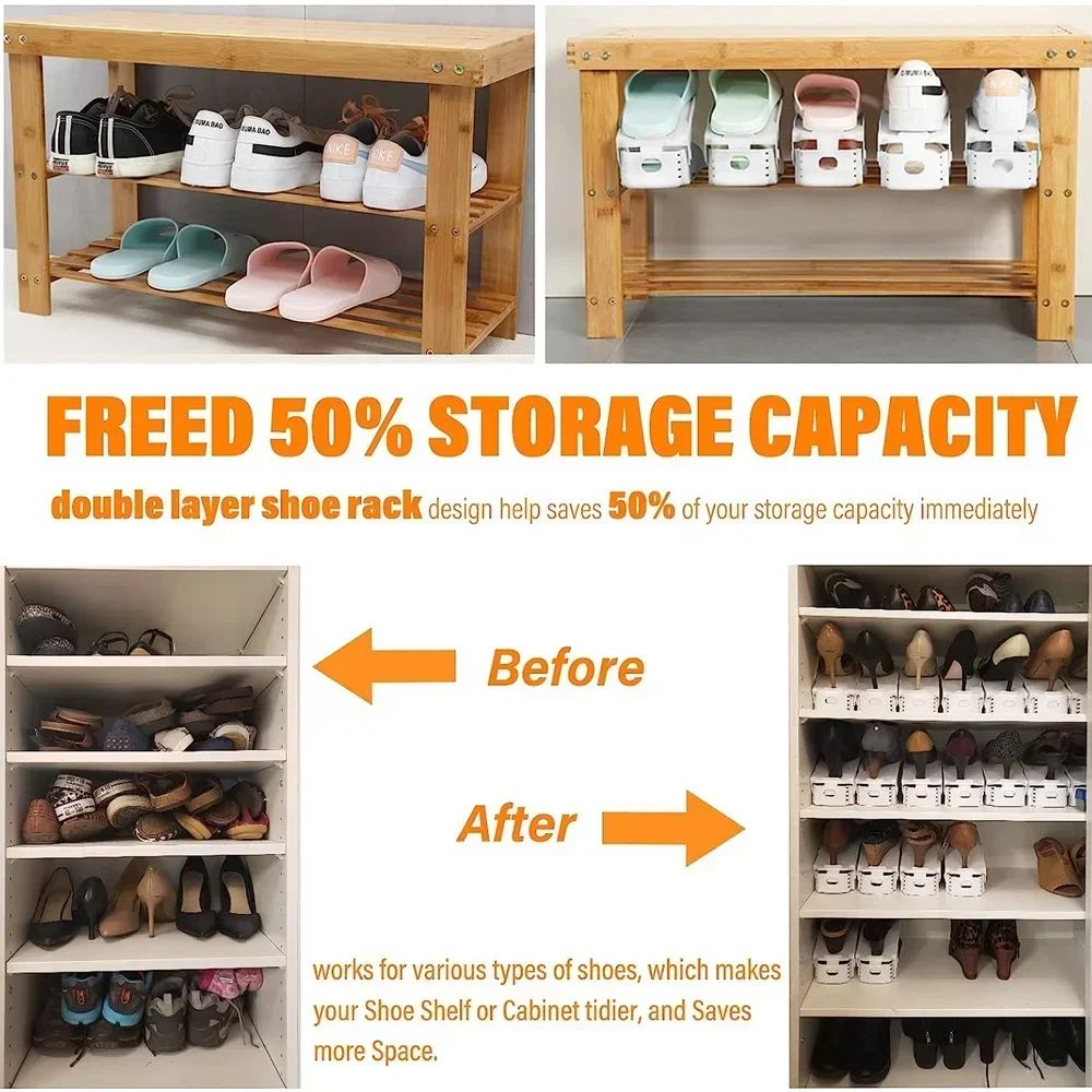 Adjustable Shoe Slots Organizer Set - Double Layer Shoe Space Saver for Closet & Cabinet