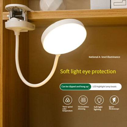 USB Rechargeable Clip-On LED Desk Lamp, 3 Color Temperatures & Dimmable Reading Light for Study Office Bedroom