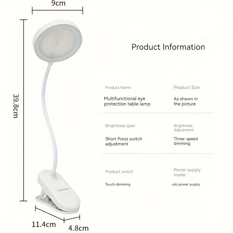 USB Rechargeable Clip-On LED Desk Lamp, 3 Color Temperatures & Dimmable Reading Light for Study Office Bedroom