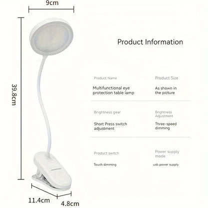 USB Rechargeable Clip-On LED Desk Lamp, 3 Color Temperatures & Dimmable Reading Light for Study Office Bedroom
