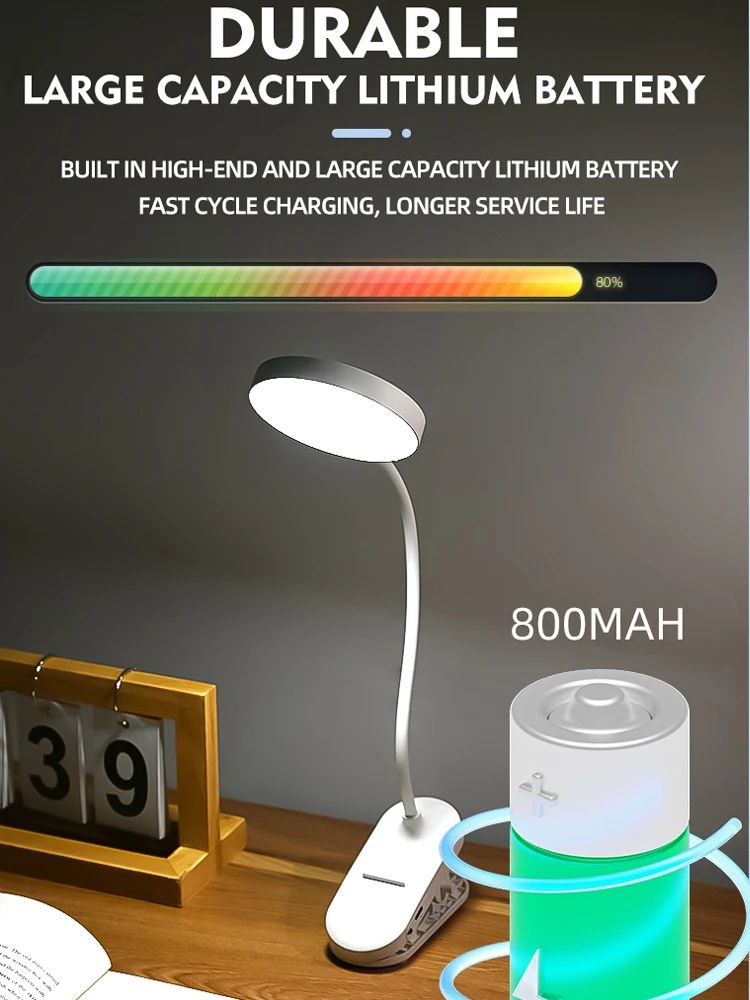 USB Rechargeable Clip-On LED Desk Lamp, 3 Color Temperatures & Dimmable Reading Light for Study Office Bedroom