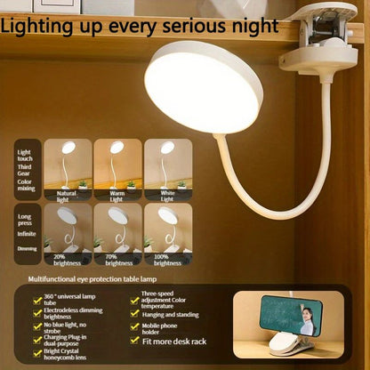 USB Rechargeable Clip-On LED Desk Lamp, 3 Color Temperatures & Dimmable Reading Light for Study Office Bedroom