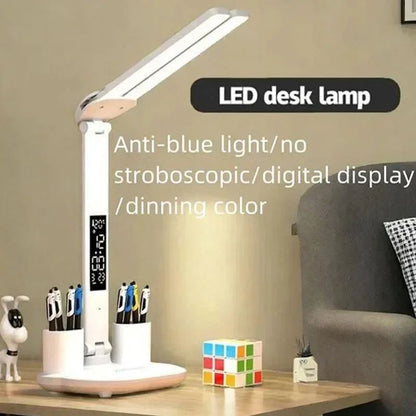 LED Desk Lamp with Clock Calendar Temperature, USB Touch Dimmable Foldable Table Light Night Lamp for Study Reading