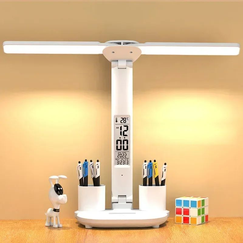 LED Desk Lamp with Clock Calendar Temperature, USB Touch Dimmable Foldable Table Light Night Lamp for Study Reading