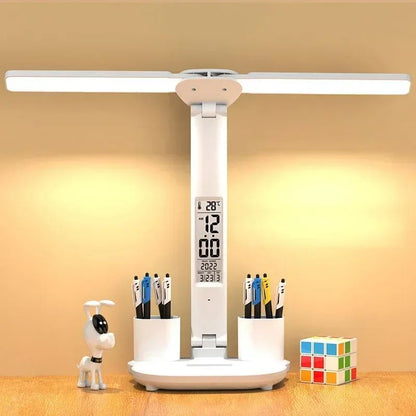 LED Desk Lamp with Clock Calendar Temperature, USB Touch Dimmable Foldable Table Light Night Lamp for Study Reading