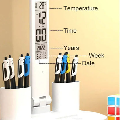 LED Desk Lamp with Clock Calendar Temperature, USB Touch Dimmable Foldable Table Light Night Lamp for Study Reading