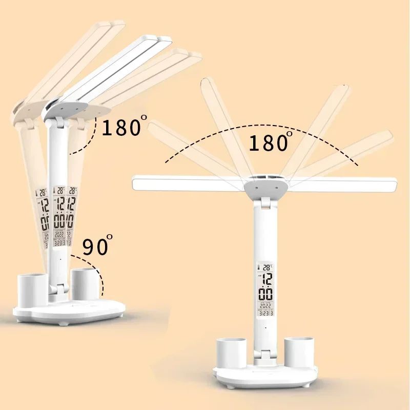 LED Desk Lamp with Clock Calendar Temperature, USB Touch Dimmable Foldable Table Light Night Lamp for Study Reading