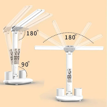 LED Desk Lamp with Clock Calendar Temperature, USB Touch Dimmable Foldable Table Light Night Lamp for Study Reading