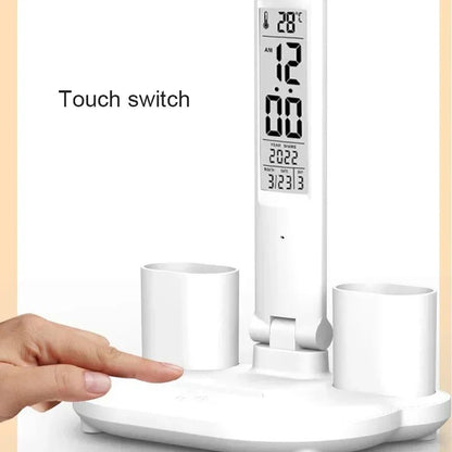 LED Desk Lamp with Clock Calendar Temperature, USB Touch Dimmable Foldable Table Light Night Lamp for Study Reading