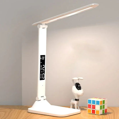 LED Desk Lamp with Clock Calendar Temperature, USB Touch Dimmable Foldable Table Light Night Lamp for Study Reading
