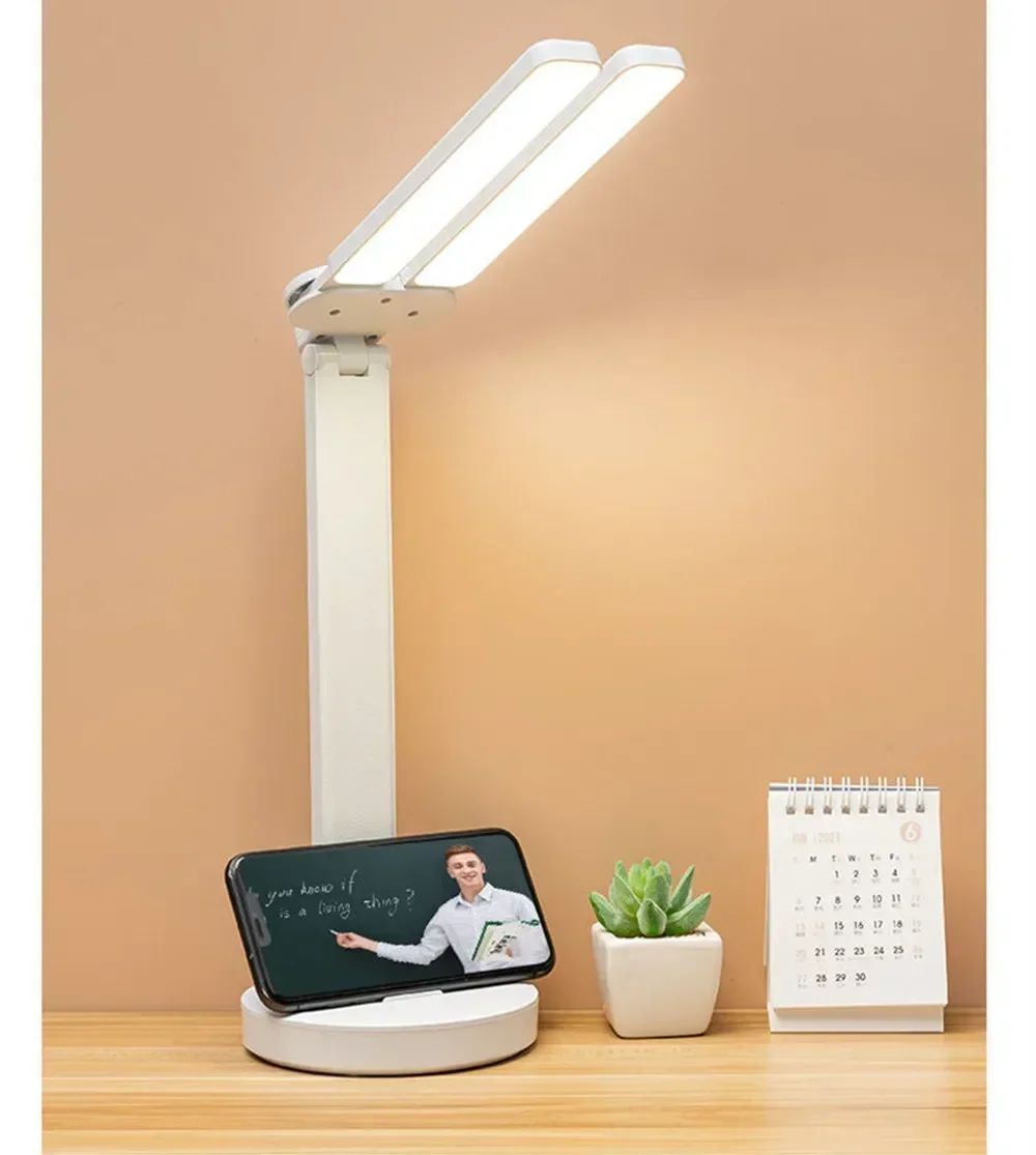 LED Desk Lamp with Clock Calendar Temperature, USB Touch Dimmable Foldable Table Light Night Lamp for Study Reading