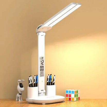 LED Desk Lamp with Clock Calendar Temperature, USB Touch Dimmable Foldable Table Light Night Lamp for Study Reading