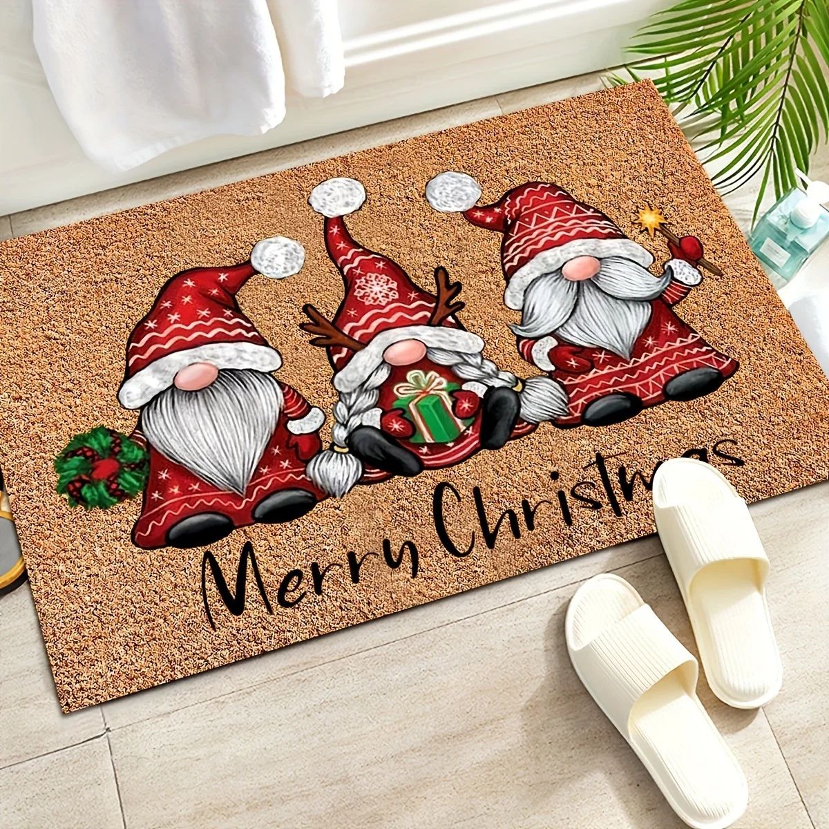 Christmas gnome doormat 2-Piece Set, holiday welcome mat with Soft Absorbent, Non-Slip Backing