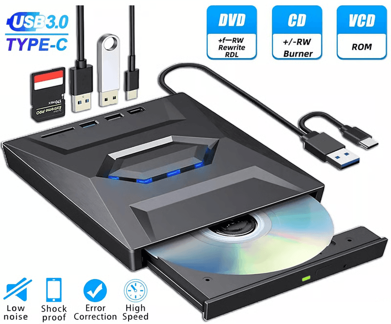 External CD DVD Drive USB, Writer Burner Player for PC Laptop Windows Mac, Portable Optical Drive with SD/USB Hub