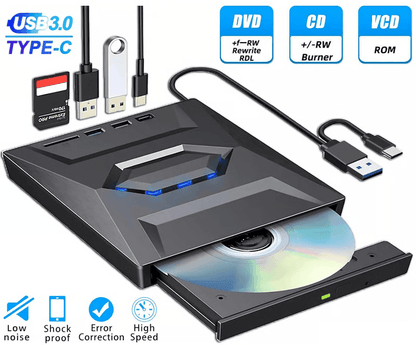 External CD DVD Drive USB, Writer Burner Player for PC Laptop Windows Mac, Portable Optical Drive with SD/USB Hub