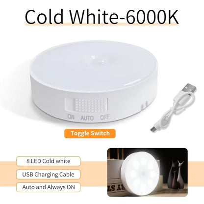 Magnetic Wireless LED Night Light with Switch, Smart Motion Sensor, USB Rechargeable, Warm White Wall Lamp for Bed