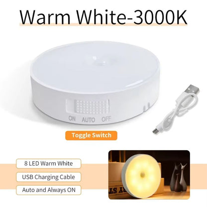 Magnetic Wireless LED Night Light with Switch, Smart Motion Sensor, USB Rechargeable, Warm White Wall Lamp for Bed