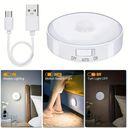 Magnetic Wireless LED Night Light with Switch, Smart Motion Sensor, USB Rechargeable, Warm White Wall Lamp for Bed