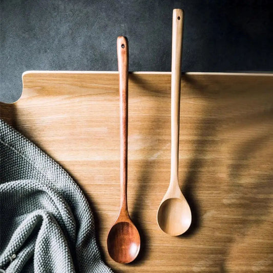 Long Handle Natural Wooden Spoon - Durable Soup Ladle Scoop for Cooking, Stirring, Coffee & Dessert, Kitchen Tableware