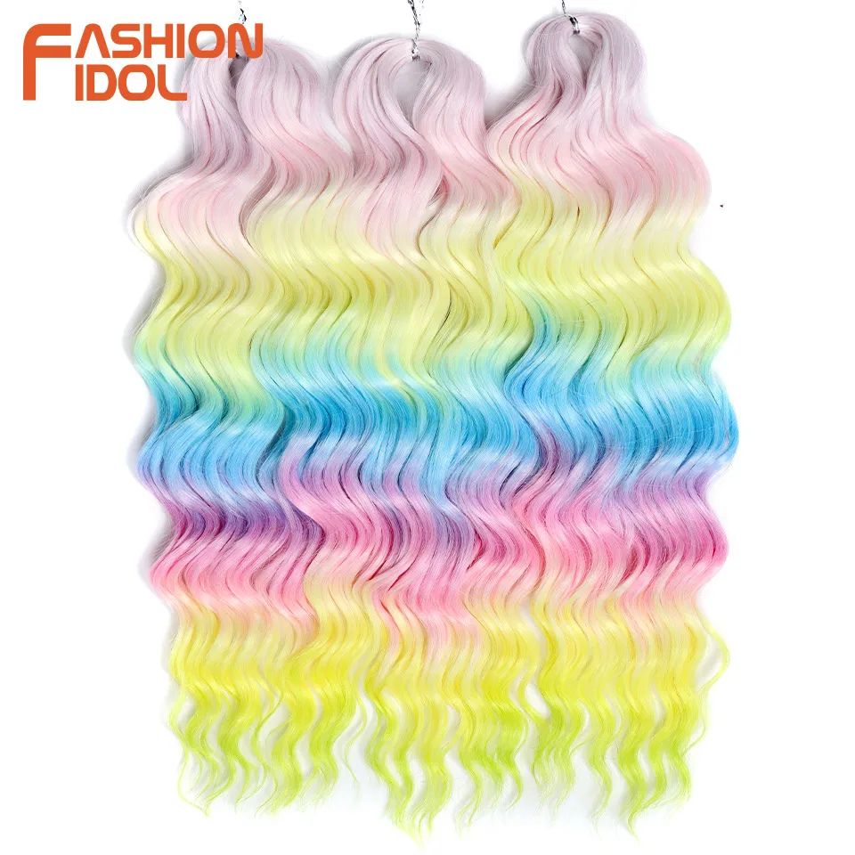 FASHION IDOL 24-Inch water wave crochet hair Extensions – Ombre Rainbow Deep-Wave Braiding Hair