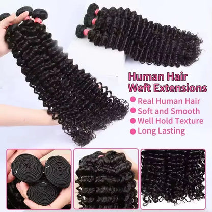 Luvin Deep Wave Raw Virgin Human Hair Bundles (30–34 Inch) Double Weft Weave
