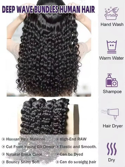 30–34 Inch Deep Wave Human Hair Bundles, Raw Unprocessed Double Weft Virgin Weave Extensions