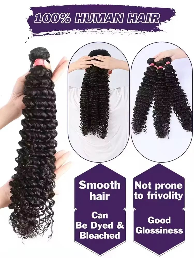 30–34 Inch Deep Wave Human Hair Bundles, Raw Unprocessed Double Weft Virgin Weave Extensions