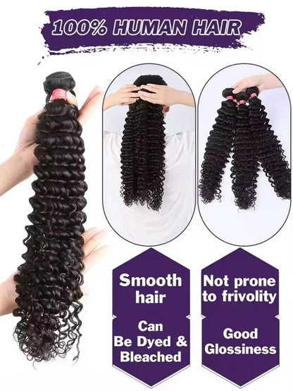 30–34 Inch Deep Wave Human Hair Bundles, Raw Unprocessed Double Weft Virgin Weave Extensions