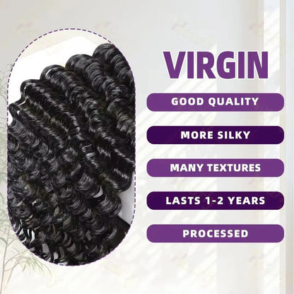 30–34 Inch Deep Wave Human Hair Bundles, Raw Unprocessed Double Weft Virgin Weave Extensions