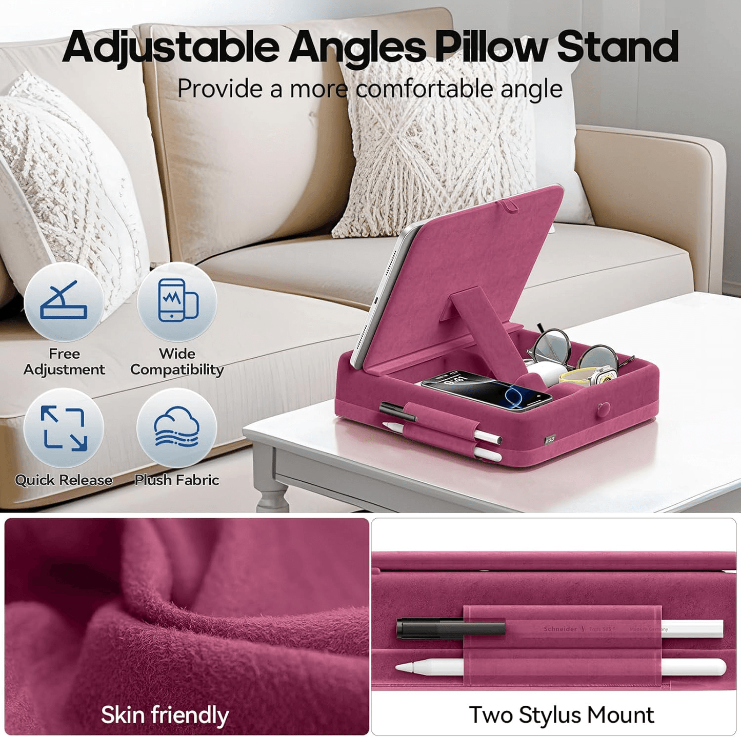 Adjustable Tablet Pillow Stand with Storage, Foldable iPad Holder for Bed & Lap