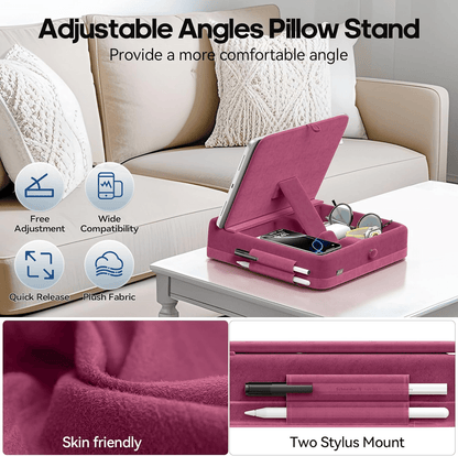 Adjustable Tablet Pillow Stand with Storage, Foldable iPad Holder for Bed & Lap
