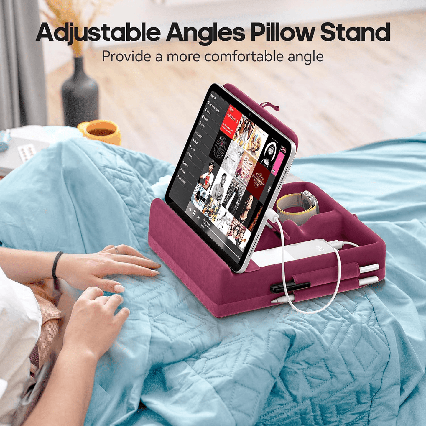 Adjustable Tablet Pillow Stand with Storage, Foldable iPad Holder for Bed & Lap