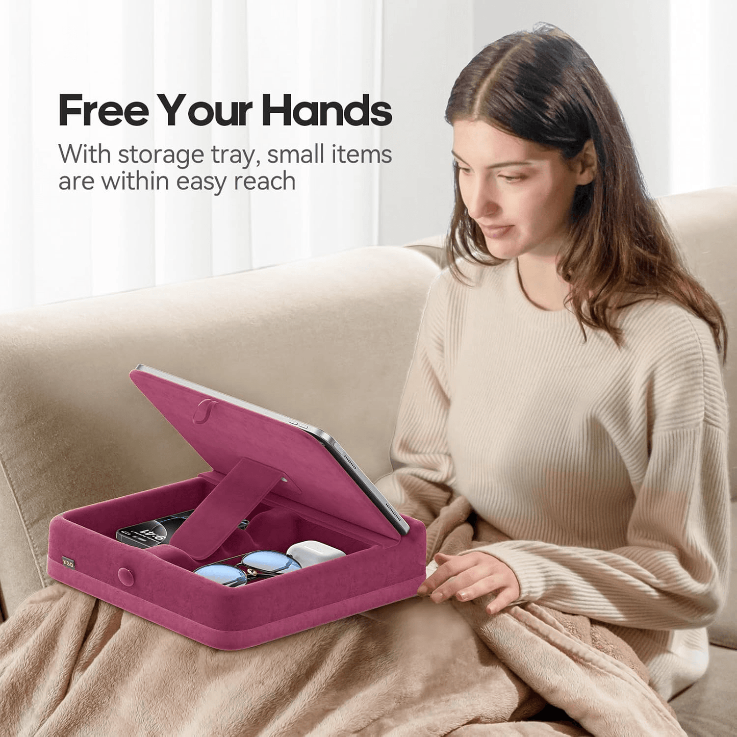 Adjustable Tablet Pillow Stand with Storage, Foldable iPad Holder for Bed & Lap