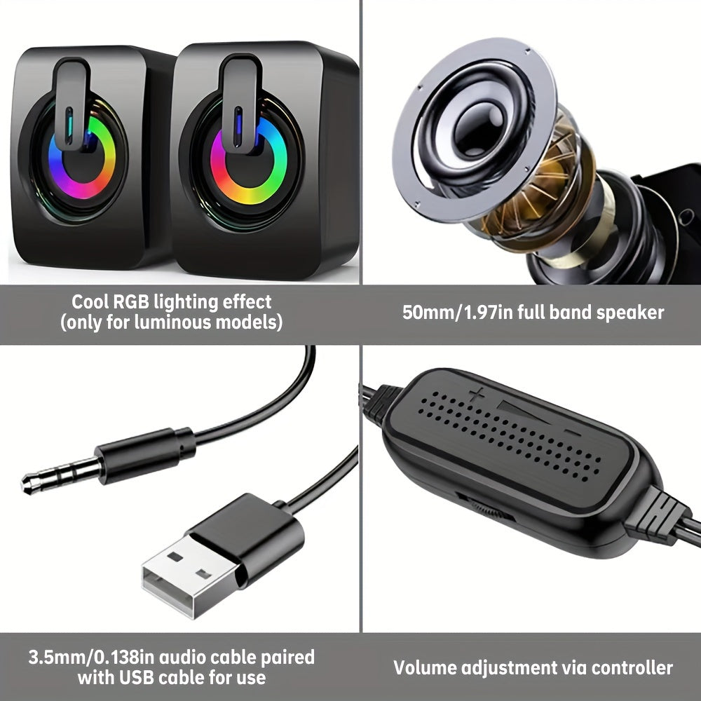 Computer Speakers for PC, HIFI Stereo Sound Box with LED Light, USB Wired Microphone for Desktop Computers