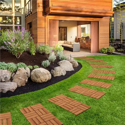 27 Pcs Interlocking Solid Wood Deck Tiles - DIY Outdoor Flooring for Patio, Garden, Terrace & Poolside Upgrade