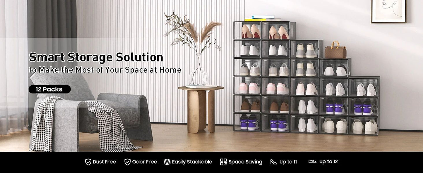 Clear Stackable Shoe Storage Boxes - Large Sneaker Organizer Containers, Space-Saving Shoe Rack Alternative