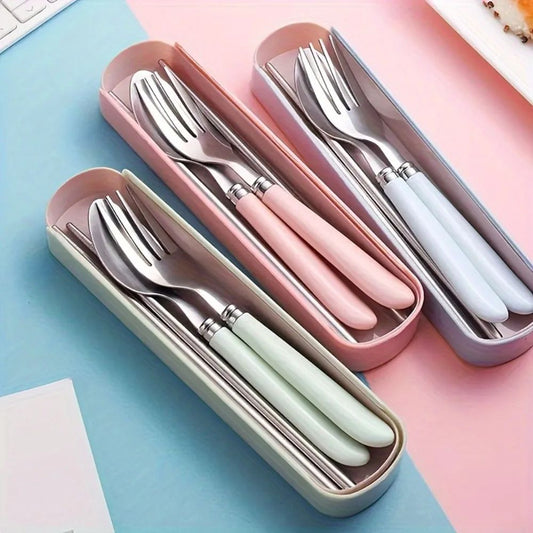 Polishing Stainless Steel Portable Cutlery Set w/ Storage Box - Picnic Camping Travel Flatware, Rust-Resistant