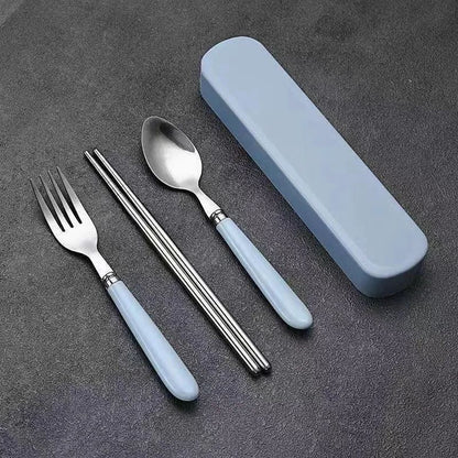 Polishing Stainless Steel Portable Cutlery Set w/ Storage Box - Picnic Camping Travel Flatware, Rust-Resistant
