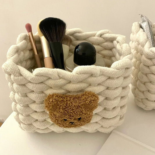 Handmade Cotton Rope Storage Basket Little Bear - Cute Desktop Organizer for Cosmetics, Sundries, Eco-Friendly Bin