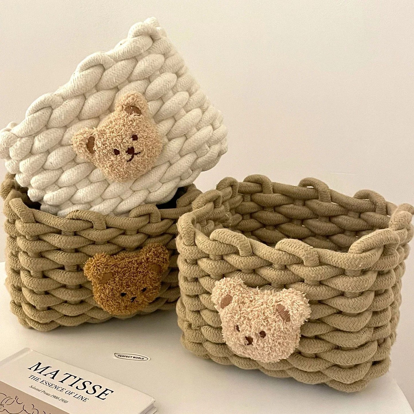 Handmade Cotton Rope Storage Basket Little Bear - Cute Desktop Organizer for Cosmetics, Sundries, Eco-Friendly Bin