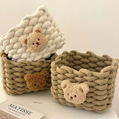 Handmade Cotton Rope Storage Basket Little Bear - Cute Desktop Organizer for Cosmetics, Sundries, Eco-Friendly Bin