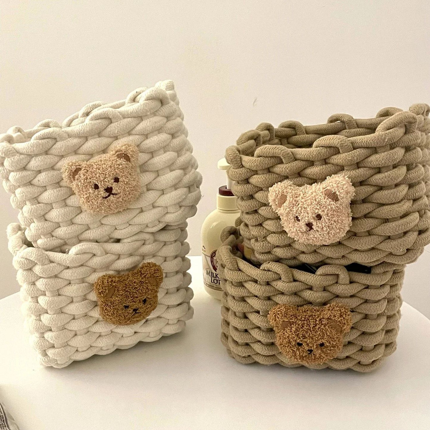 Handmade Cotton Rope Storage Basket Little Bear - Cute Desktop Organizer for Cosmetics, Sundries, Eco-Friendly Bin