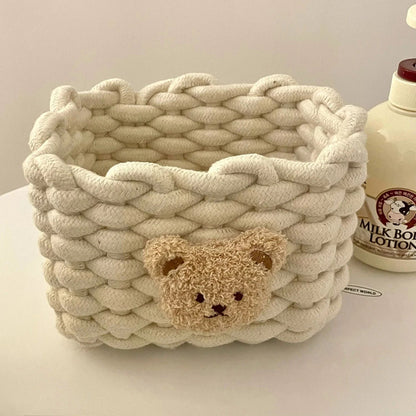 Handmade Cotton Rope Storage Basket Little Bear - Cute Desktop Organizer for Cosmetics, Sundries, Eco-Friendly Bin