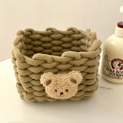 Handmade Cotton Rope Storage Basket Little Bear - Cute Desktop Organizer for Cosmetics, Sundries, Eco-Friendly Bin