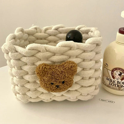 Handmade Cotton Rope Storage Basket Little Bear - Cute Desktop Organizer for Cosmetics, Sundries, Eco-Friendly Bin